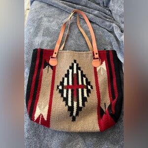 Geometric Patterned Tote Bag with Leather Straps